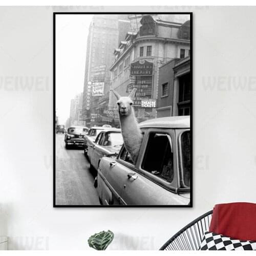 Black and White Modern Home Decoration Painting Urban Street Traffic Living Room Wall Canvas Poster Alpaca Animal Print Bedroom