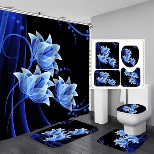 Flowers Bathroom Decor Shower Curtain Set Toilet Cover Non-Slip Bath Mat Rug Sets Waterproof Bath Curtain Toilet Seat Bathroom