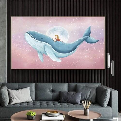 Anime Blue Whale And Kid Canvas Painting Modern Cartoon Seascape Posters And Prints Home Decor Cuadros Wall Picture For Kid Room