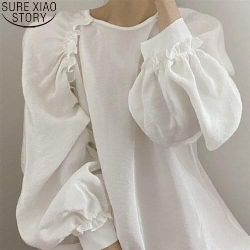 Summer 2021 White Blouse Korean Ins Designer Fashion Shirt Solid Color Casual Tops Long-sleeved O-neck Temperament Shirt 14091