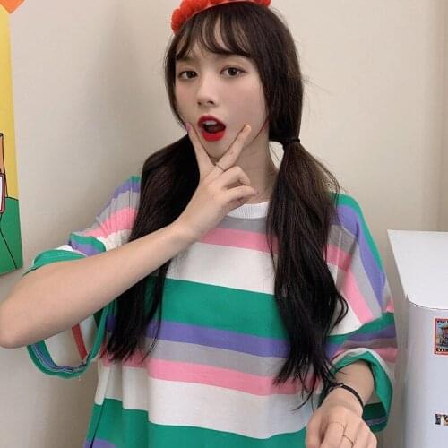 Summer Tshirt Long Sripe Cute T-shirt Cool Fashion Top Tees Girls Holiday Kawaii Colorful Fashion Shirts Girls