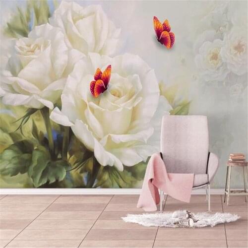 Milofi custom large-scale mural hand-painted beautiful white rose butterfly TV living room background wall paper