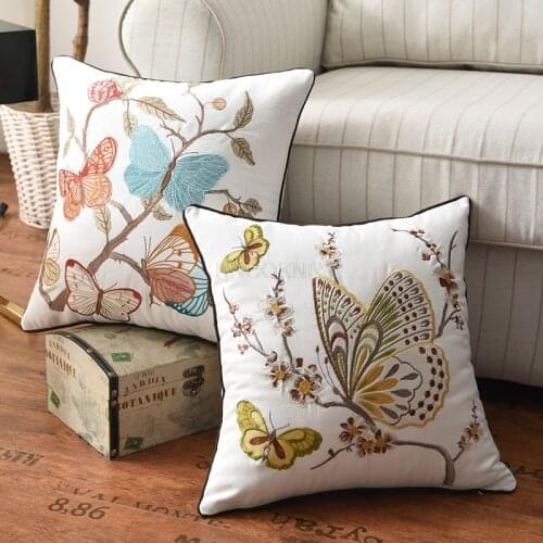 Butterfly Cushion Cover 45x45cm Floral Country Style Pillow Cover Cotton Embroidery Suqare Home decoration for Living Room