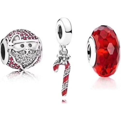 NEW 100% 925 Sterling Silver New 1:1 Santa Claus Charm Candy Cane Pendant Cut Glass Beads Set Suitable for Charming Jewelry