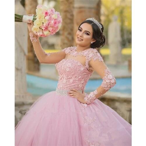 Charming Pink Ball Gown Sweet 16 Quinceanera Dress Long Sleeves Lace 3D Floral Vestidos 15 Anos Plus Size Pageant Prom Gowns