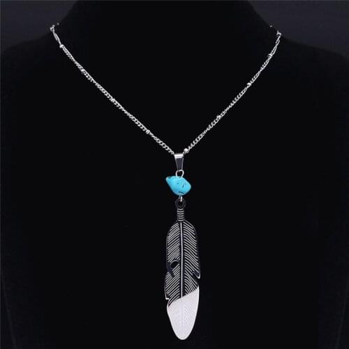 2021 Boho Feather Stone Stainless Steel Charm Necklace Women Silver Color Pendant Necklace Jewelry collier femme N655S04