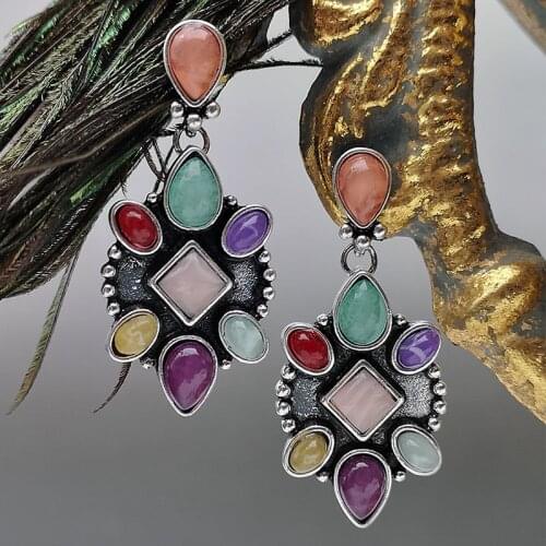 Charms Jewelry Colorful Stone Wedding Earrings for Women Tribal Antique Silver Color Flower Shape Teardrop Earrings Gift