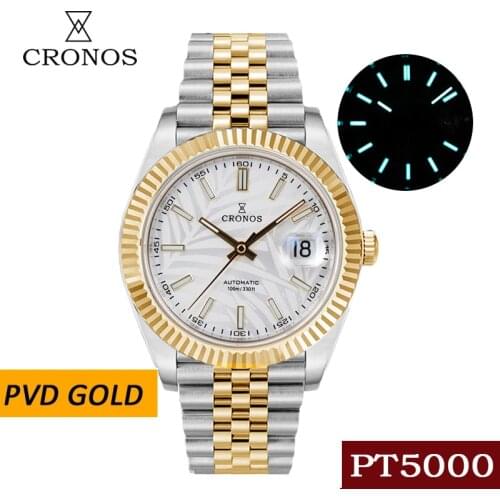 Cronos Date Luxury Men Dress Watch Leaf Dial Stainless Steel 5 Links Bracelet Copper-Nickel Platinum PVD Bezel 100m Waterproof