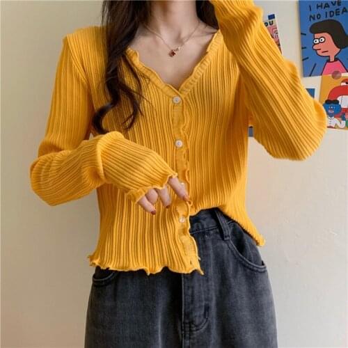 Sweet Short Cardigan Sweater Women V-Neck Ruffle Thin Knitwear Fashion Solid Single Breasted Pull Elasticity Crop Sweater Female