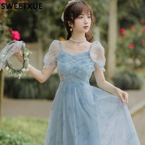 SWEETXUE 2021 Womens Retro Mesh Party Romantic Elegant Princess Print Dress Vestidos
