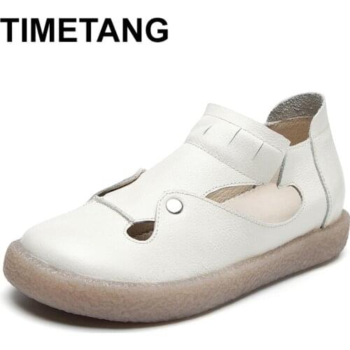 TIMETANGVintage style Women Flat Shoes Handmade Women Loafers Comfortable Genuine Leather Flats Round Toe Women Casual ShoesE758