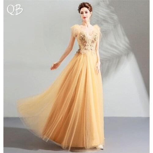 Yellow A-line Sequins Tulle Lace Flowers Beaded Long Formal Elegant Evening Dresses Bride Banquet Party Prom Dress XK293