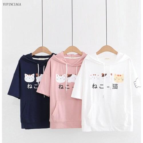 Summer 2021 T Shirt Women Cute Cartoon Print Short Sleeve Female Harajuku Tshirts Japan Style Hooded Cotton Tee Tops 2113912