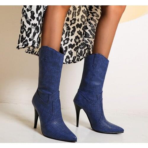 Nightclub sexy pointed toe mid-calf boots plaid serpentine slip-on beige blue black high heel stiletto womens riding boots