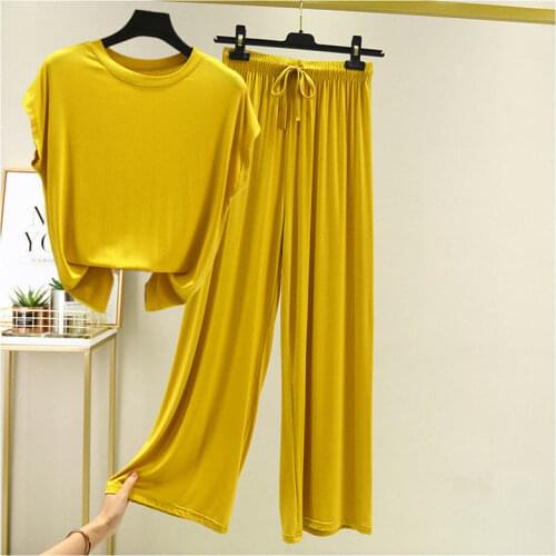 2020 Summer Fashion Women Suit Female Modal Round Neck Batwing Sleeve Two-piece Set Wide Leg Pants Casual Clothing Outfits Y259