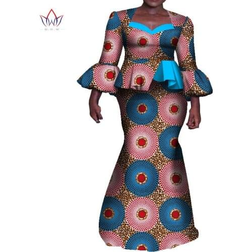 Women Skirt Set Print Patchwork Dashiki Bazin Riche Party Ruffles Sleeve Tops and Skirt Sets for Women African Clothing WY8057