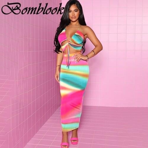 Bomblook Beach Leisure Vacation Womens Suit Summer 2021 Print Drawstring Camisole Patchwork Midi Skirts Sets Femme Streetwears