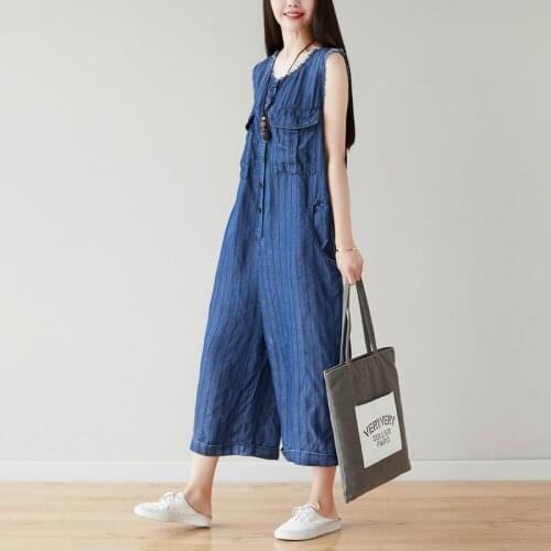 Women Loose Striped Wide Leg Jumpsuits Ladies Ripped Vintage Overalls Female Cargo Pants 2019 Summer Rompers