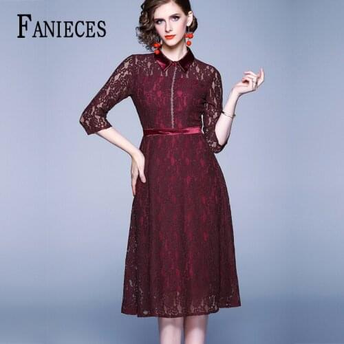 Spring Autumn Fall office Ladies Vintage Runway dresses Wine red Lace Patchwork Long Sleeve Women Party Casual A-Line Midi Dress