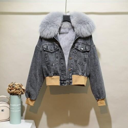 Winter New Cartoon Printed Denim Jacket Female Fashion Stitching Detachable Rabbit Fur Liner Fox Fur Collar Short Thick Parkas