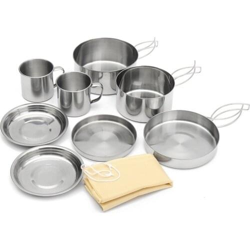 8 Pcs Outdoor Camping Pots Set Stainless Steel Pans Cover Plate Cup Cookware For Picnic BBQ Cookset Cooking Hiking Backpacking