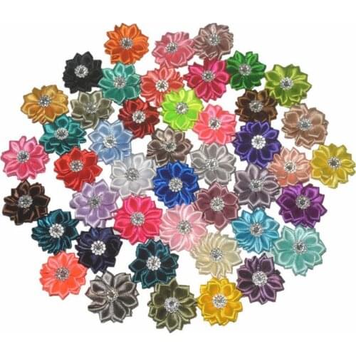 10pcs/lot Satin ribbon fabric flower rhinestones Handmade decoration appliques accessories