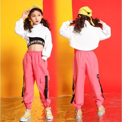 Teenagers Kids Hip Hop Clothing Set Crop Sweatshirt Tops Pink Green Pants for Girls Dance Costume Ballroom Dancing Clothes Wear