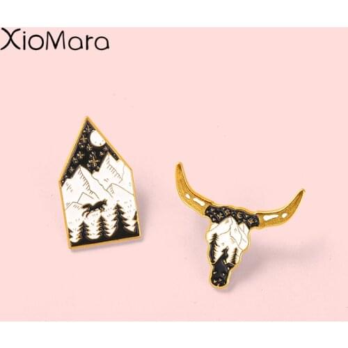 Bull Head Enamel Pins Forest Dark highway Mountain Brooches Denim Clothes Badge Animal Lapel Jewelry Gift For Collect A Friends