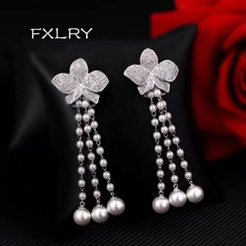FXLRY New Arrival White Color AAA Cubic Zirconia Romantic Rose Flower Pearl Earrings For Women Wedding Party Jewelry