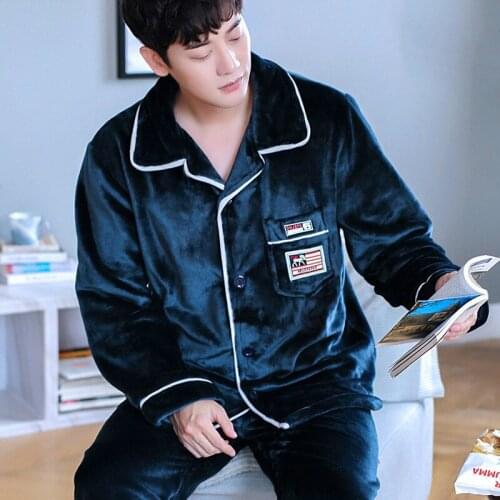 H5910 Men Pajamas Home Clothing Set Male Coral Fleece Plus Size Autumn Winter Thickened Nightwear Flannel Warm Sleepwear Suit