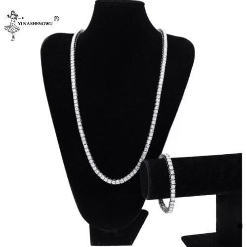 Hiphop Choker Bling Iced Out Rhinestone Chain Necklace 5mm Width Silver Color 1 Row Tennis Chains Necklaces Bracelet Set For Men