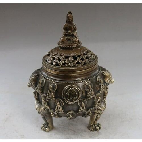 Chinese Buddhism Bronze Brass Kwan-yin Guan Yin Statue Incense Burner Censer
