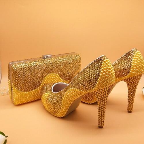 Golden pearl crystal wedding shoes and bag Sets Fashion womens Round Pumps High shoes party Dress shoes with matching bags