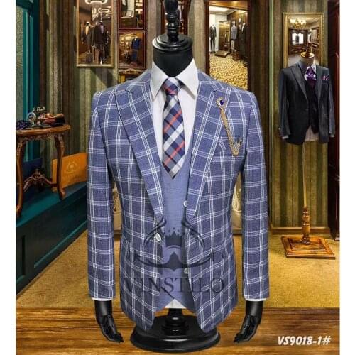 Blue Plaid Suit Men for Business Groom Wedding Suit 3 Pieces Best Man Tuxedo Slim fit Prom Dinner Party Jacket Vest Pants Set