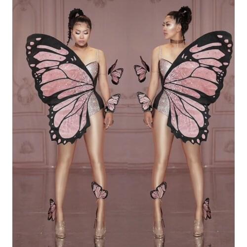 Fashion Pink Butterfly Wings Rhinestone Party Bodysuit Women Sexy Crystal Dancer Leotard Cosplay Costumes Singer Stage Outfits