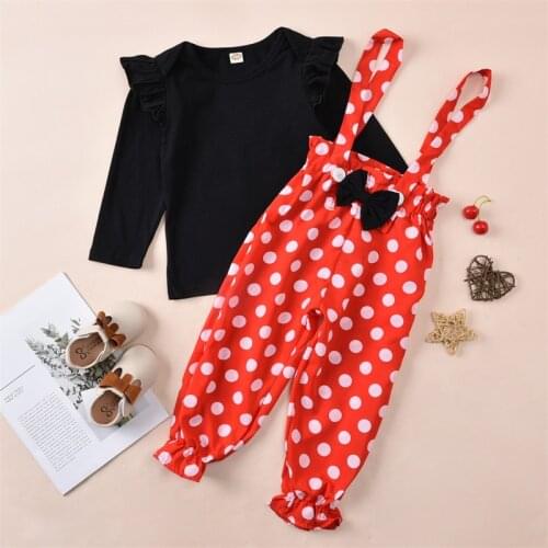 2021 New Kids Baby Girls Clothing Set Ruffles Solid T-Shirt Fashion Polka Dot Pants Autumn Spring Children Clothes Outfits 1-6Y
