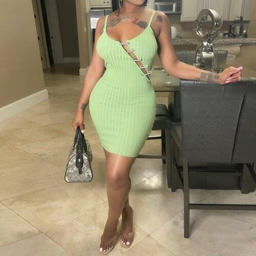 OMSJ New Chic Pin Embellished Casual Bandage Tight Dress Spaghetti Strap Backless Irregular Mid-waist Rib Ladies Slim Streetwear