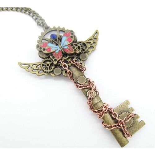 The New Unique Design Bass OX Key with Wings and Coloful Butterfly DIY Gears Steampunk Pendant Necklace Women Jewelry