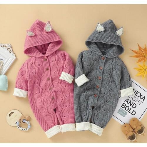 2021 Autumn Winter New Three-dimensional Small Ears Newborn Knit Leaf Romper Hooded Baby Girls One-piece Infant Baby Boys Romper