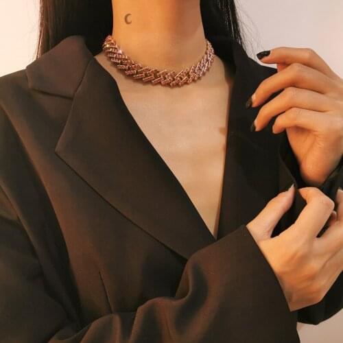 TIMEONLY Delicate Multi Color Shinning Rhinestones Choker Necklaces for Women Ladies Hollow Chunky Cuban Chain Necklace Jewelry