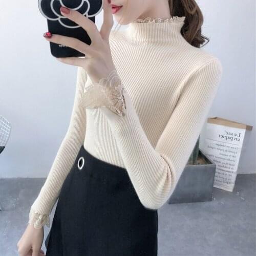 2021 Long Sleeve Crop Tops Korean Fashion Womens Sweater Lace Turtleneck Tricot Pullover Ladies Slim Cropped Clothes Winter Ropa