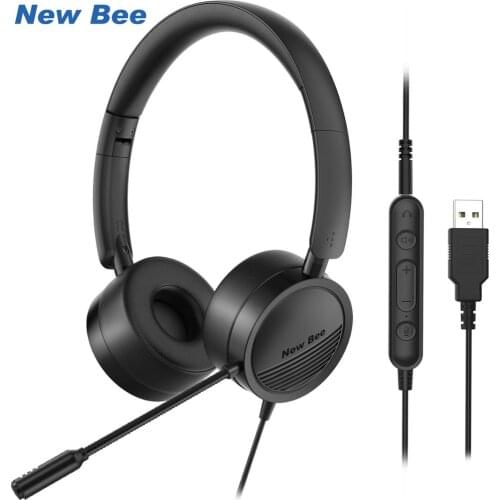 New Bee USB Headset with Microphone for PC 3.5mm Business Headsets with Mic Mute Noise Cancelling for Call Center Headphones