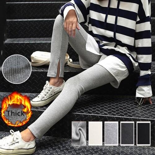 Women Black Grey Leggings Skinny Pants Split Rib Legins Girls Comfort Cotton Spandex Stretch Legging Ladies