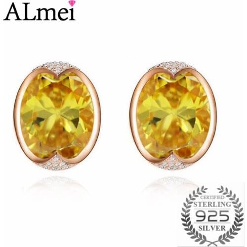 Almei Oval Royal Yellow Cubic Zirconia Silver 925 Sterling Stud Earring Costume Jewelry for Women with Free Gift Box LR006