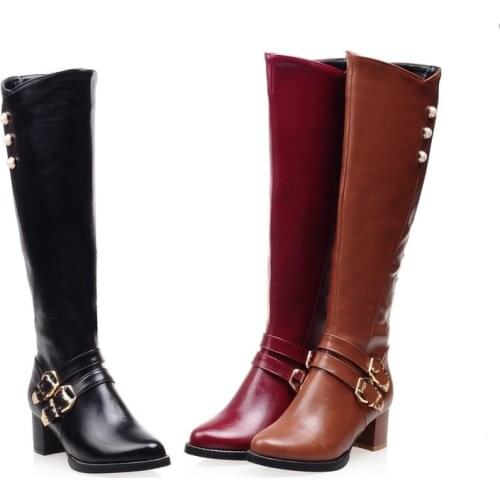 NEW Winter Women Shoes Long Knee-High Boots Round Toe Big Size Med Square Heels Zipper Buckle Short Plush Warm Inside Fashion
