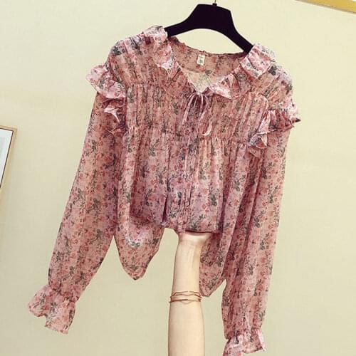 2021 Spring and Autumn Retro Printed V-neck Ruffled Loose Long Sleeve Chiffon Shirt Womens Design Sense Niche Floral Top