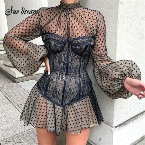 2021 Summer Womens New Fashion Stand Collar Lantern Sleeve Lace Polka Dot A-line Dress Sexy High Street Party Dress Vestido