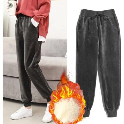 Winter Thick Silver Edge Wool/Velvet Sweatpants Women Basic Casual Outdoor Sport Pants Female Fashion Adjustable Belt Baggy Pant