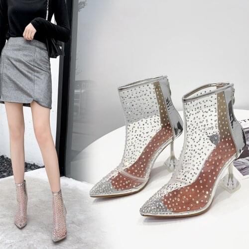 2020 Transparent Womens Boots Zipper Thin Heels Pointed toe Platform For Ladies Rhinestone Footwear Womens Shoes