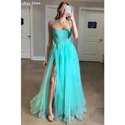 2021 Tulle A-line Prom Dress Applique Lace-up Backless Split Halter Square Neck Sexy Sleeveless Evening Dress vestidos formales